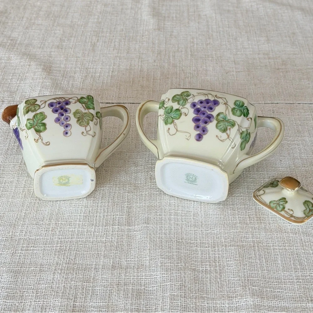 Antique Noritake Hand-Painted Grape Creamer and Sugar Bowl w/Top Set,  apan
